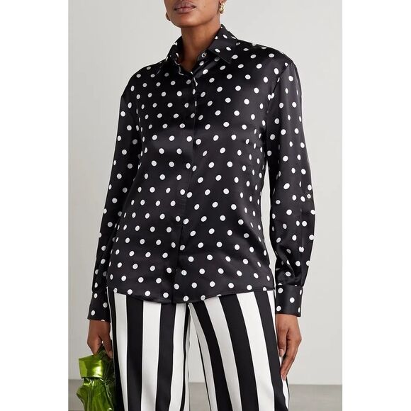 Sergio Hudson Polka Dot Silk Charmeuse Button-Up Blouse, NWT, Black-White XL - Picture 2 of 13